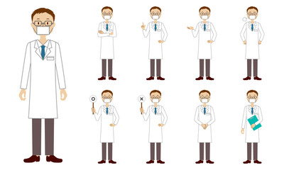 Healthcare worker (doctor) character set in 9 poses isolated vector illustartion
