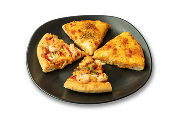 Delicious pizza served on black plate on white background.