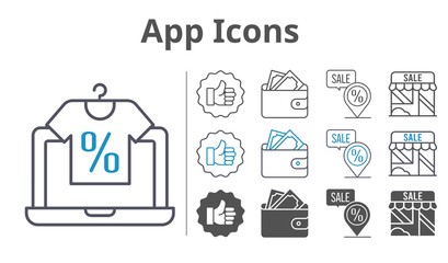 app icons icon set included online shop, wallet, shop, like, placeholder icons