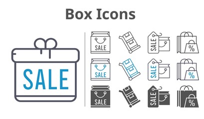 box icons icon set included gift, shopping bag, trolley icons