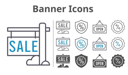 banner icons icon set included sale, warranty, discount, open icons