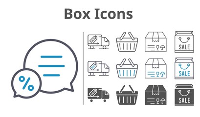 box icons icon set included shopping bag, package, chat, shopping-basket, delivery truck, shopping basket icons