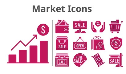 market icons set. included profits, shopping bag, sale, wallet, shop, shopping cart, discount, warranty, open, trolley icons. filled styles.