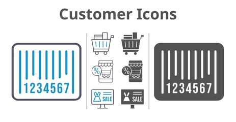 customer icons icon set included online shop, shopping cart, barcode icons