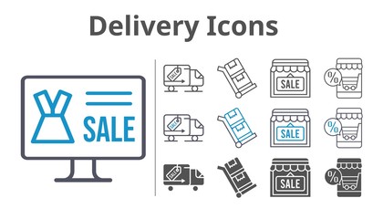 delivery icons icon set included online shop, shop, delivery truck, trolley icons