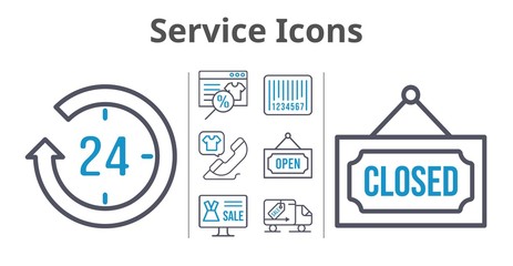 service icons set. included online shop, 24-hours, phone call, closed, delivery truck, barcode, open icons. bicolor styles.