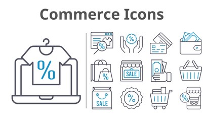 commerce icons set. included online shop, shopping bag, wallet, shop, money, shopping cart, discount, shopping-basket, credit card icons. bicolor styles.