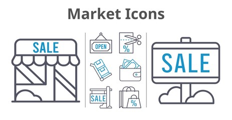 market icons set. included shopping bag, sale, shop, wallet, voucher, open, trolley icons. bicolor styles.