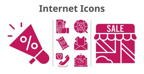 internet icons set. included megaphone, newsletter, online shop, shop, money, phone call, internet, trolley icons. filled styles.