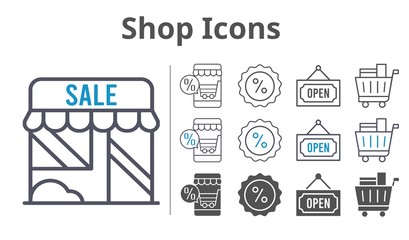 shop icons icon set included online shop, shop, shopping cart, discount, open icons
