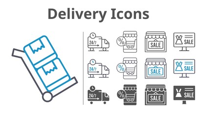 delivery icons icon set included online shop, shop, delivery truck, trolley icons