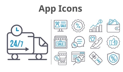 app icons set. included online shop, profits, wallet, shop, like, chat, discount, warranty, phone call, delivery truck icons. bicolor styles.