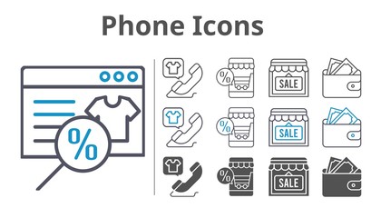 phone icons icon set included online shop, shop, wallet, phone call icons
