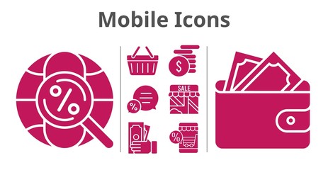 mobile icons set. included online shop, shop, wallet, money, chat, shopping-basket, internet icons. filled styles.