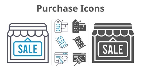 purchase icons icon set included shopping bag, online shop, shop, trolley icons