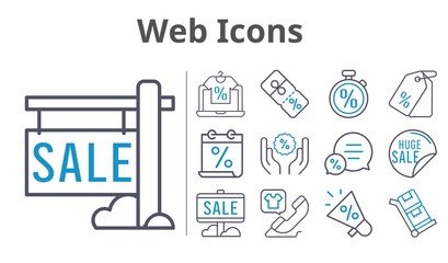 web icons set. included calendar, megaphone, online shop, sale, chat, price tag, phone call, discount, stopwatch, trolley icons. bicolor styles.