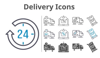 delivery icons icon set included online shop, 24-hours, delivery truck, trolley icons