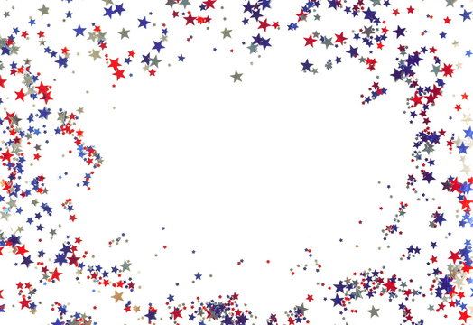 4th of July American Independence Day decorations stars confetti isolated frame on white background. top view, copy space, flat lay 