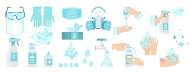 Set of Antiseptic for disinfection. Hand hygiene. Hand washing with soap.