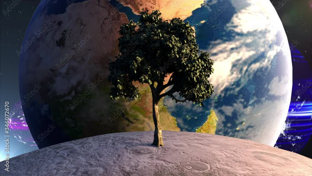 Poster computer generated futuristic composition. tree on the moon in front of the earth planet against the