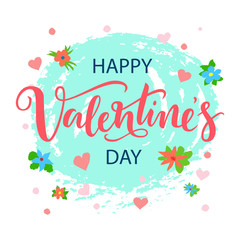 Card design for the Valentines day. Hand drawn lettering happy Valentines day with abstract cyan spot and pink watercolor heart background. Vector illustration for post, banner or print.