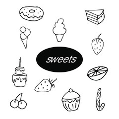 Isolated on white background sweets, cake, pastry, Stock Illustration, vector, hand drawing, design element ware for printing, scrapbooking, postcard