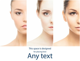 Female portraits in collage. Faces of young and beautiful women. Skin care, face lifting, cosmetics...
