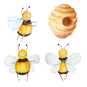 three cute bees and a beehive