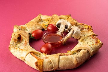 pizza close-up, isolated, against a colored background. whole pizza 