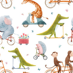 Mooi naadloos patroon voor kinderen met aquarel hand getekende schattige dieren op vervoer. Voorraad illustratie.