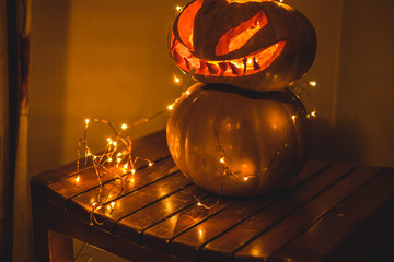 hand carved  
Halloween spooky pumpkin and sparkly lights