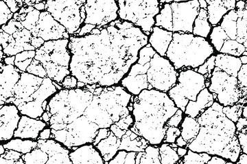 Grunge texture of cracked soil. Monochrome background of soil drought with cracks, spots, noise and grit. Overlay template. Vector illustration