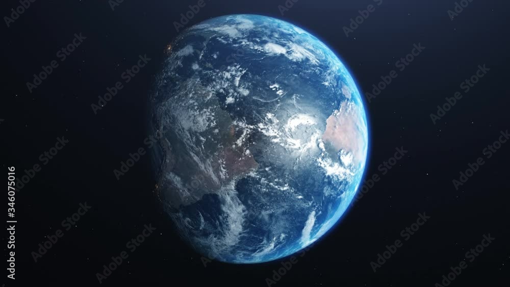 Poster rotating planet earth with a real tilt axis and direction of rotation. sunrise over the western hemi