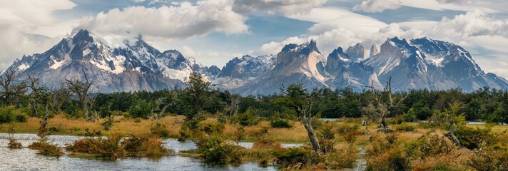 Amazing view to the Los Cuernos mountains in Chile. Torres del Paine National Park, Patagonia.