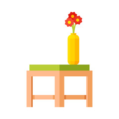 Small Wooden Table with Vase of Red Flowers, Modern Garden Furniture Design Flat Vector Illustration