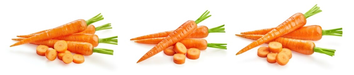 Carrot collection. Carrot fruits with green leaf isolated on white background. Carrot with clipping path