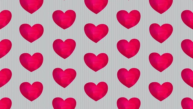 pattern of valentines day red hearts arranged in columns painted with watercolor creating 3d polygon forms similar to diamonds as gift