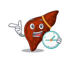 Human cirrhosis liver mascot design concept smiling with clock