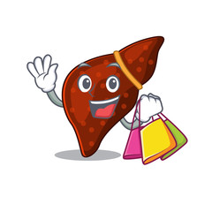 Rich and famous human cirrhosis liver cartoon character holding shopping bags