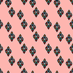 Seamless geometric pattern with triangles and rhombuses on a pink background for fabric and other surfaces