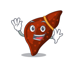 A charismatic human cirrhosis liver mascot design style smiling and waving hand