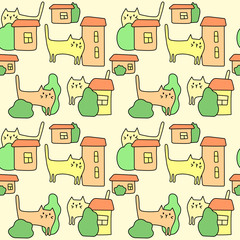 Funny drawn cats and cute houses. Seamless pattern . Vector illustration with adorable kittens for fabric and other surface