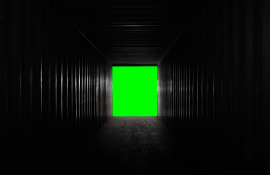 inside dark container with green screen background, empty dark room abstract background, 