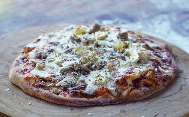 pizza, that spins into cooked pizza, Pizza cooking process.vintage tone.selective focus.