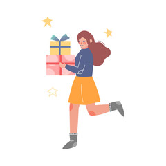 Happy Girl Running with Gift Boxes, Birthday Party, Christmas or New Year Holidays Celebration Cartoon Vector Illustration