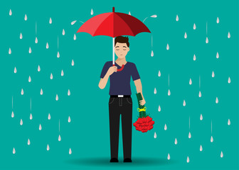 Depressed young man holding umbrella and red roses bouguet in heavy rain. Vector Illustration. Isolated on dark green background. Idea for broken heart, unhappy, disappointed in love.