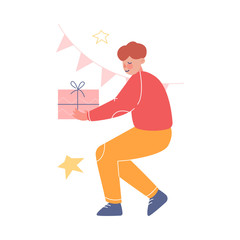 Teenage Boy Holding Gift Box Decorated with Ribbon Bow, Boy Celebrating Birthday Party, Christmas or New Year Holidays Cartoon Vector Illustration