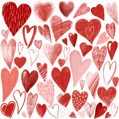 Free hand drawn red hearts on white background, on white background 