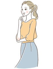 顎に指を添える女性　笑顔