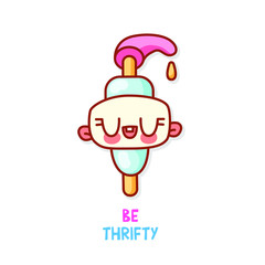 Cute illustration of a soap dispenser with multi-colored inscription Be thrifty. Vector isolated sticker for decorating diary, blog, article or online store. Card with wise advice.